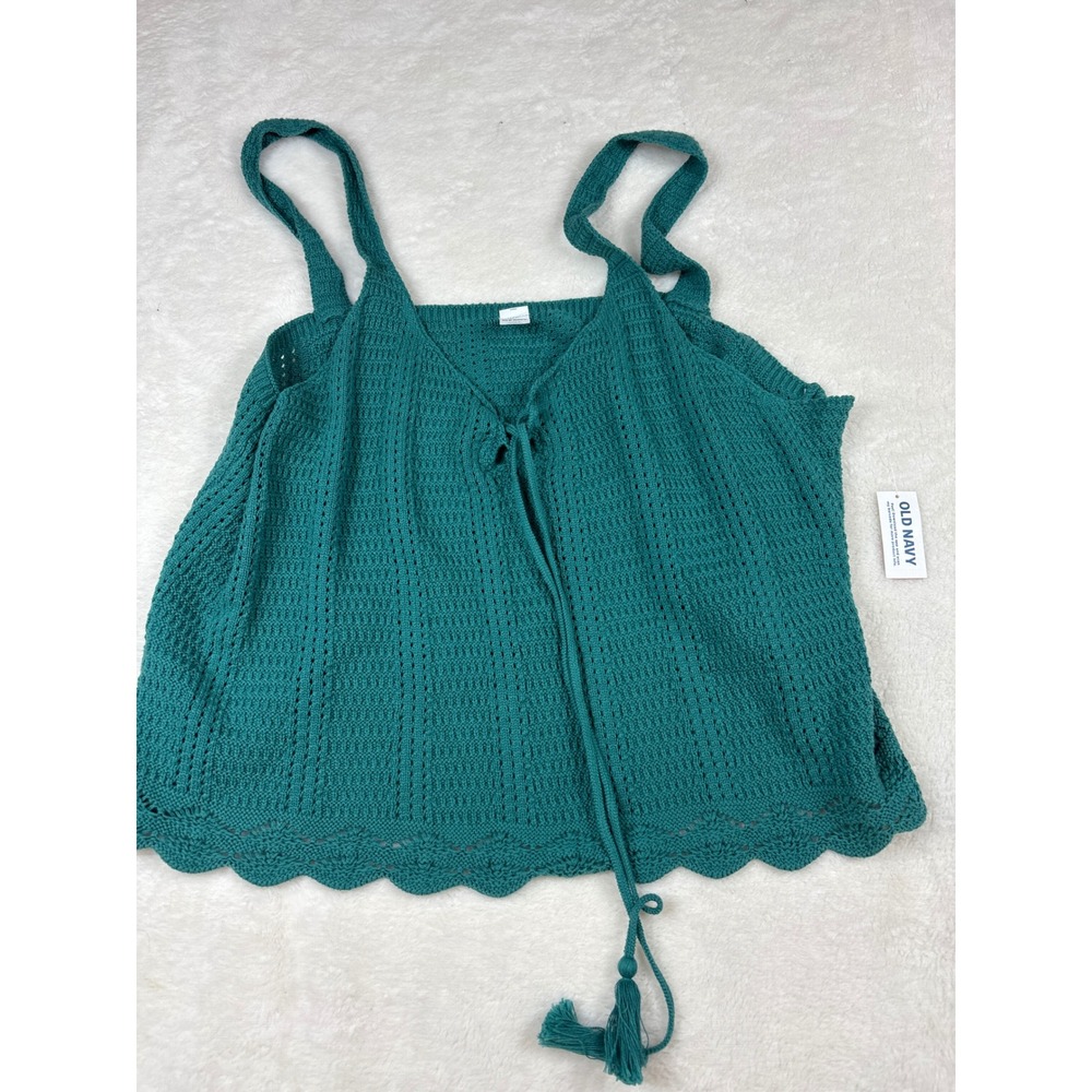 Old Navy Crochet Knit Camisole Top Teal Green Tie Front Tassel Scallop Hem XL